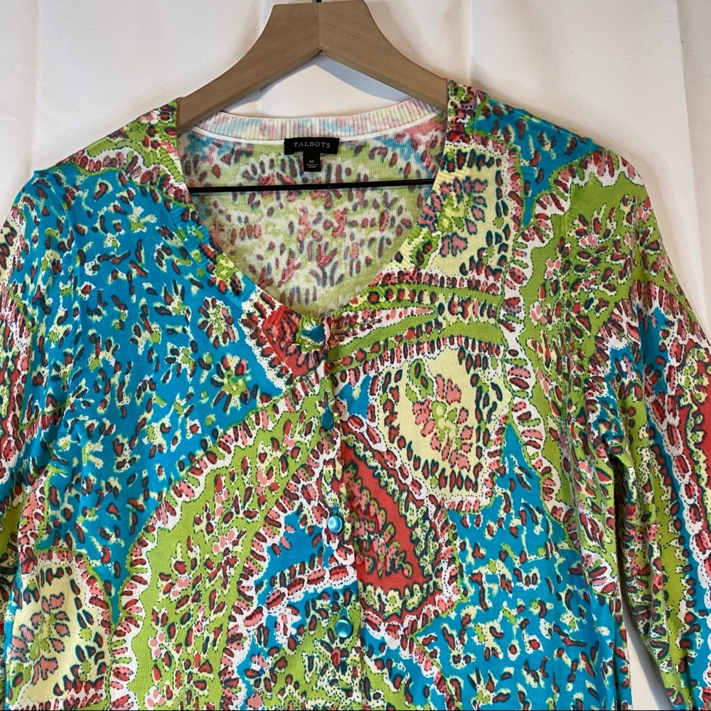 TALBOTS Women’s Size M Medium Sweater Cardigan 3/4 Sleeve Floral Mosiac - Picture 7 of 16